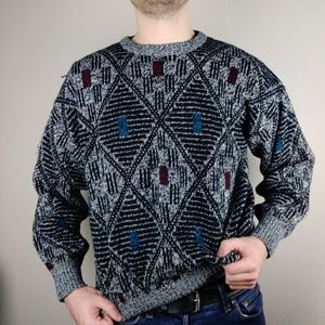 Grey argyle knit cosby crew neck sweater